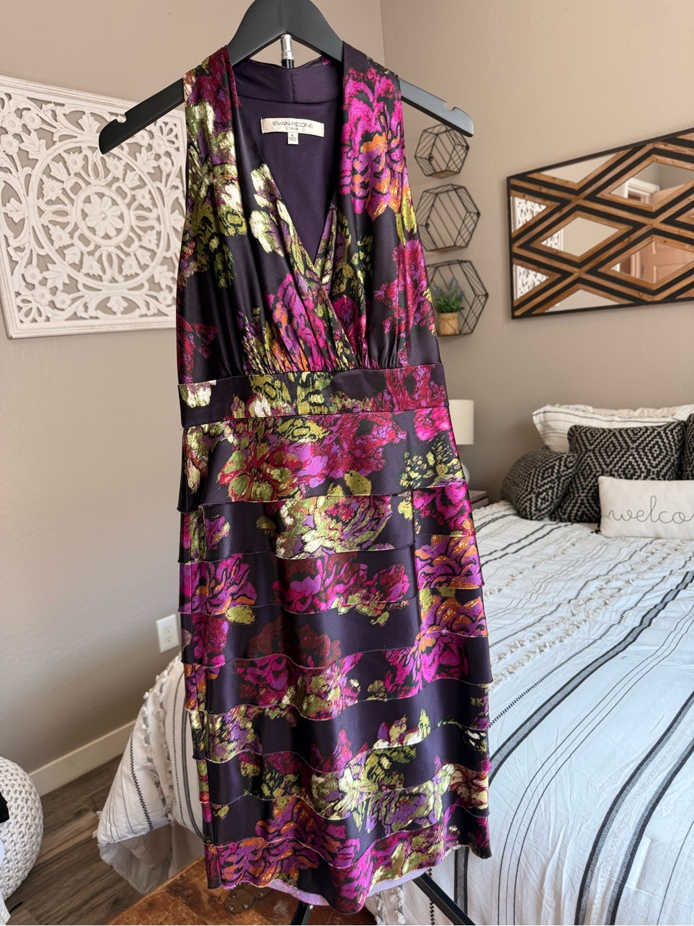 Evan Picone Metallic Floral Dress in Purple, Pink & Gold